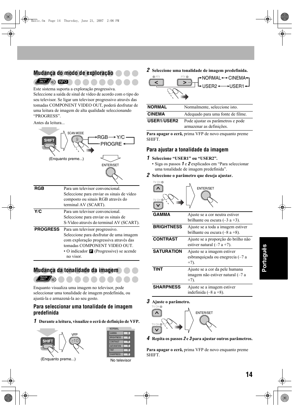 Português mudança do modo de exploração, Mudança da tonalidade da imagem, Para ajustar a tonalidade da imagem 1 | JVC Micro Component System UX-G48 User Manual | Page 181 / 208