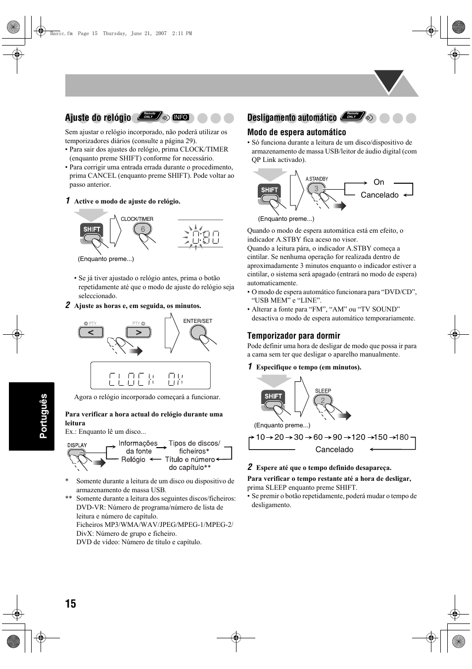 Português ajuste do relógio, Desligamento automático | JVC Micro Component System UX-G48 User Manual | Page 182 / 208