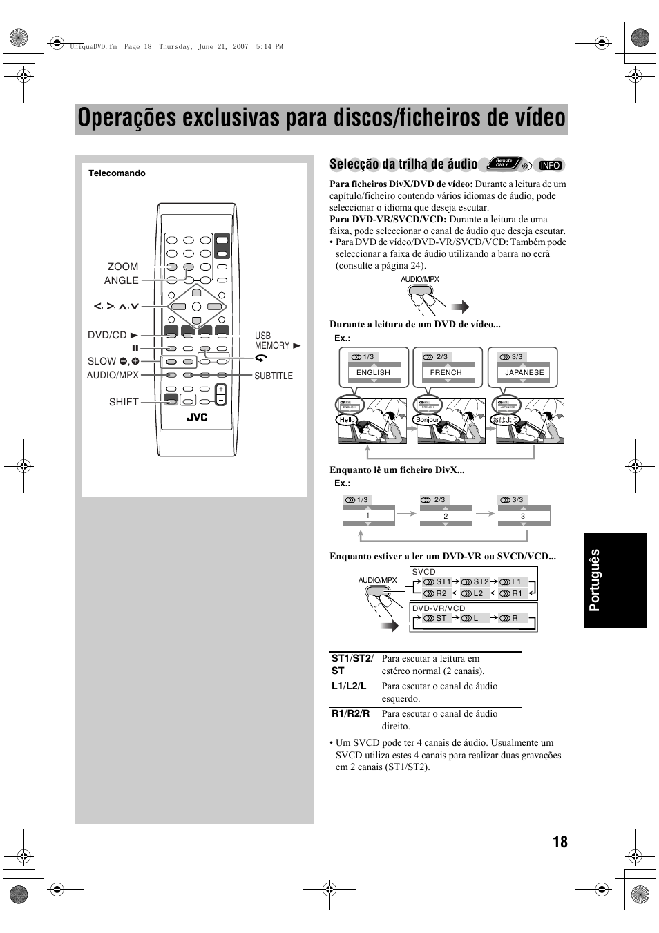 Português, Selecção da trilha de áudio | JVC Micro Component System UX-G48 User Manual | Page 185 / 208