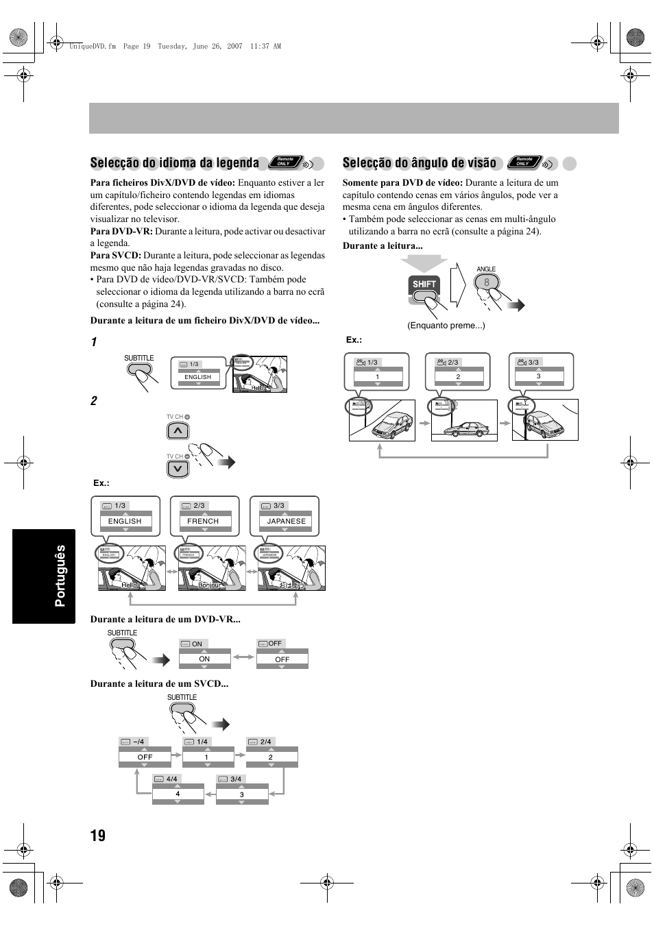 Português selecção do idioma da legenda, Selecção do ângulo de visão | JVC Micro Component System UX-G48 User Manual | Page 186 / 208