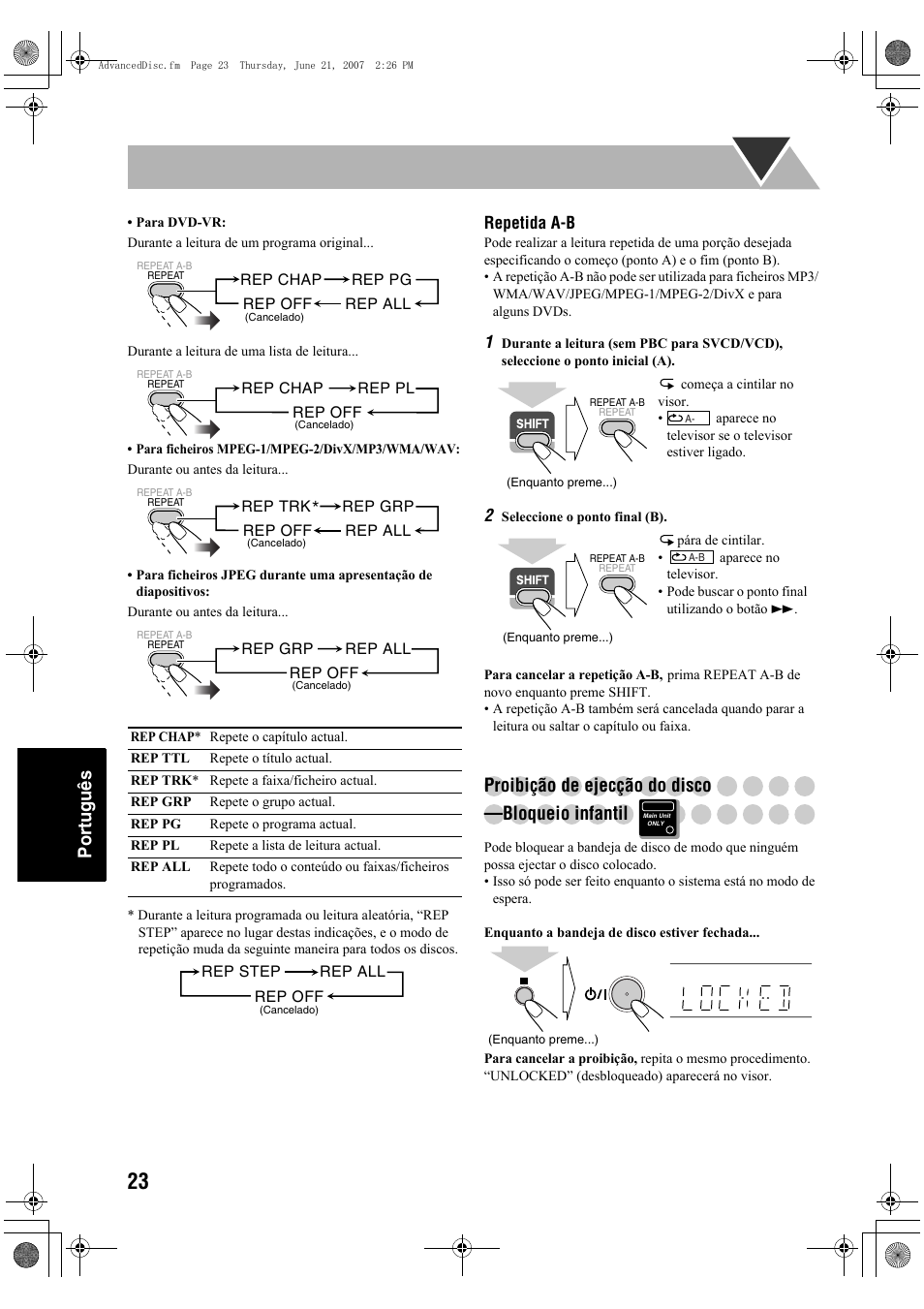 Português, Proibição de ejecção do disco —bloqueio infantil | JVC Micro Component System UX-G48 User Manual | Page 190 / 208