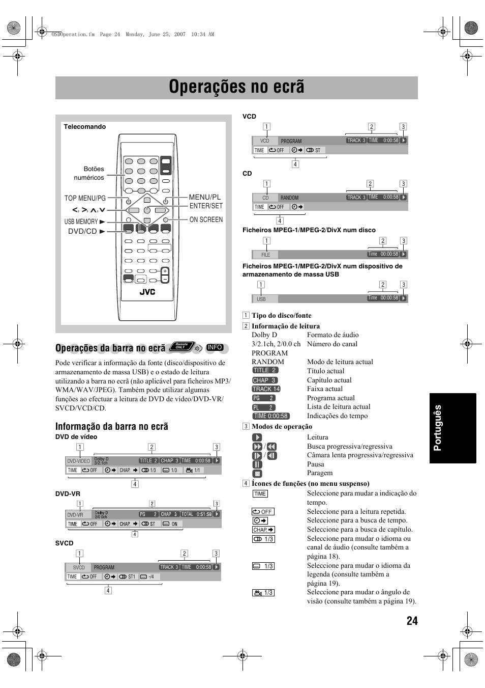 Operações no ecrã, Português, Operações da barra no ecrã | Informação da barra no ecrã | JVC Micro Component System UX-G48 User Manual | Page 191 / 208