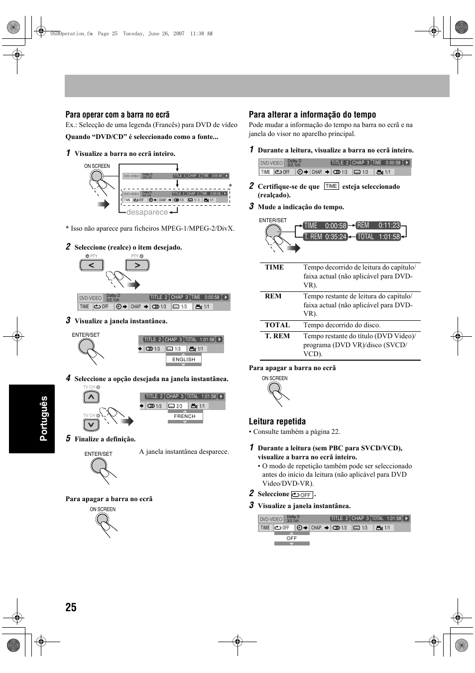 Português, Para operar com a barra no ecrã, Para alterar a informação do tempo | Leitura repetida, Desaparece | JVC Micro Component System UX-G48 User Manual | Page 192 / 208