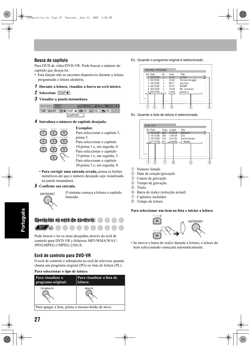Português, Operações no ecrã de controlo, Busca de capítulo | Ecrã de controlo para dvd-vr | JVC Micro Component System UX-G48 User Manual | Page 194 / 208