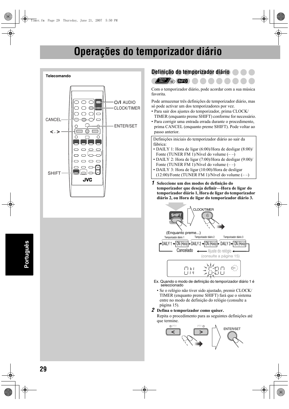Operações do temporizador diário, Português, Definição do temporizador diário | JVC Micro Component System UX-G48 User Manual | Page 196 / 208
