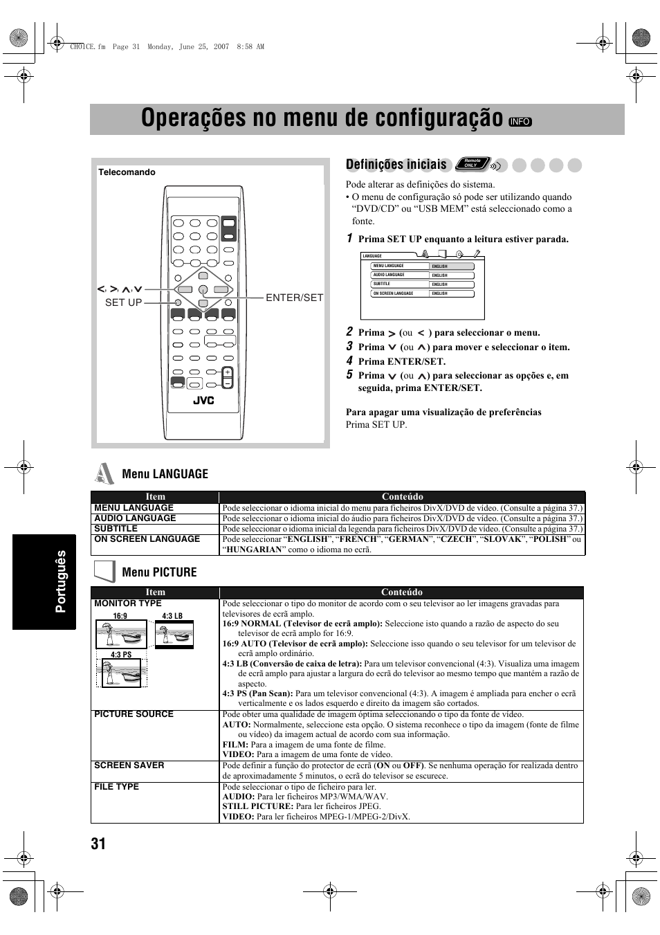 Operações no menu de configuração, Português, Definições iniciais | Menu language menu picture | JVC Micro Component System UX-G48 User Manual | Page 198 / 208