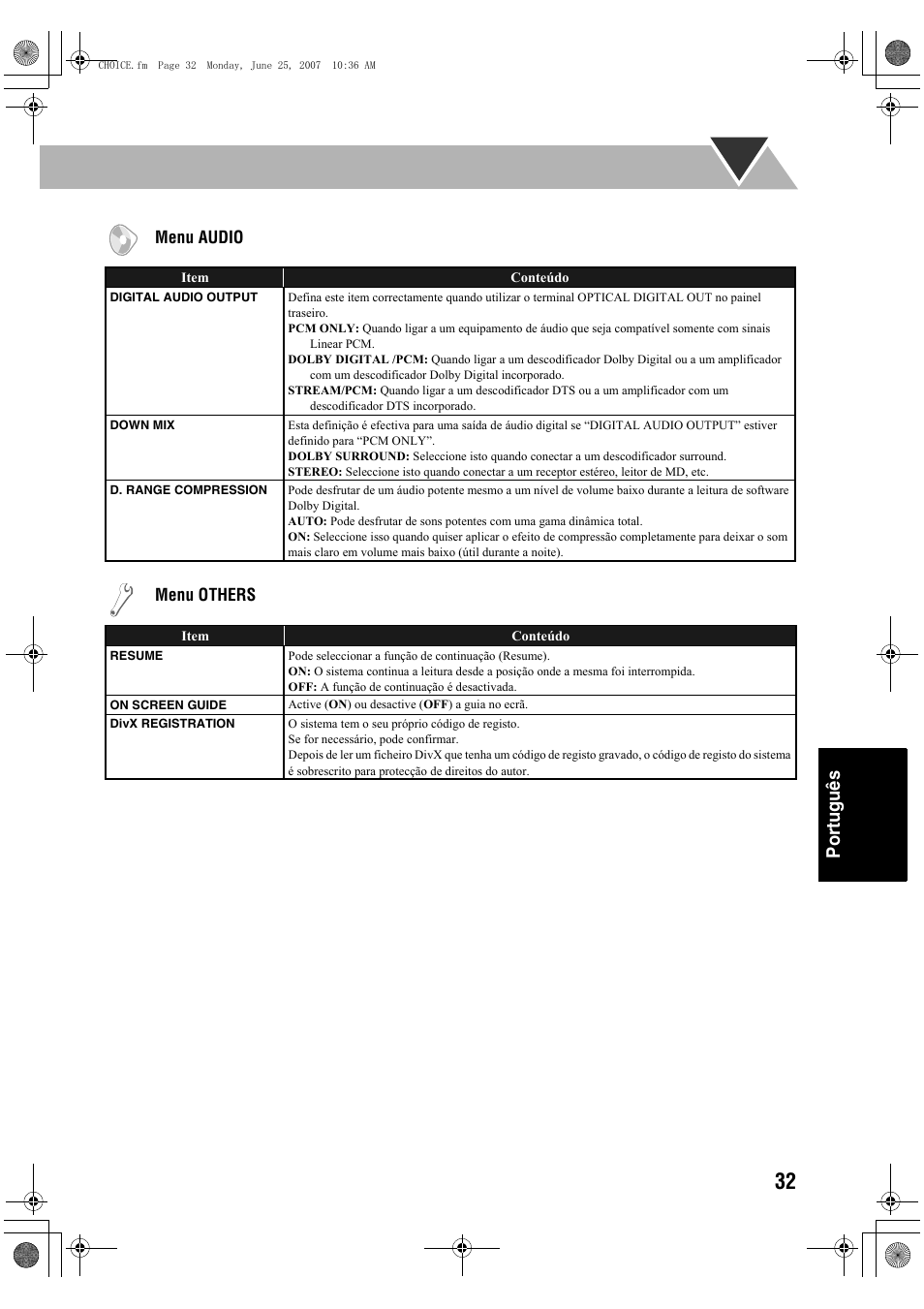 Português, Menu audio, Menu others | JVC Micro Component System UX-G48 User Manual | Page 199 / 208