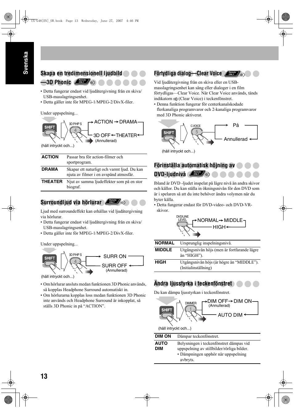 Surroundljud via hörlurar, Förtydliga dialog—clear voice, Förinställa automatisk höjning av dvd-ljudnivå | Ändra ljusstyrka i teckenfönstret | JVC Micro Component System UX-G48 User Manual | Page 20 / 208