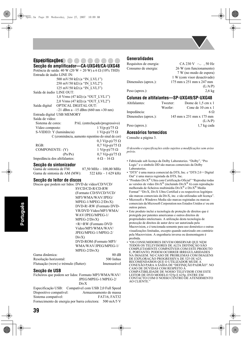 Português especificações | JVC Micro Component System UX-G48 User Manual | Page 206 / 208
