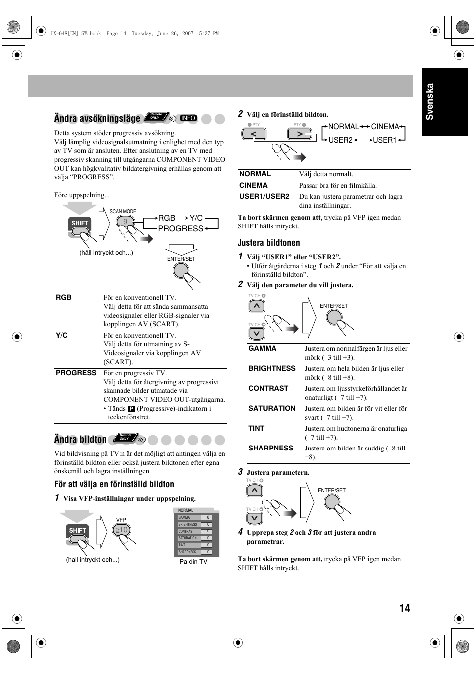 Sv ensk a ändra avsökningsläge, Ändra bildton, För att välja en förinställd bildton 1 | Justera bildtonen 1 | JVC Micro Component System UX-G48 User Manual | Page 21 / 208