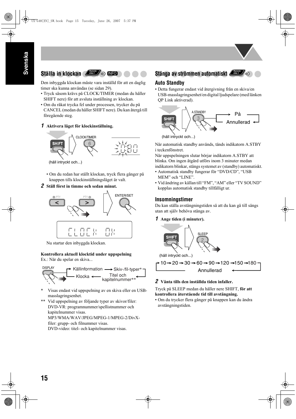 Sv ensk a ställa in klockan, Stänga av strömmen automatiskt | JVC Micro Component System UX-G48 User Manual | Page 22 / 208