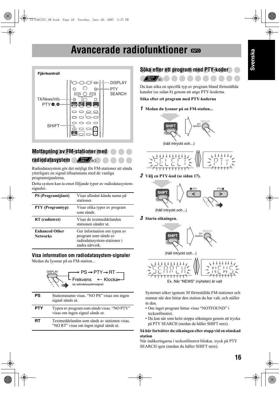 Avancerade radiofunktioner, Sv ensk a, Mottagning av fm-stationer med radiodatasystem | Söka efter ett program med pty-koder | JVC Micro Component System UX-G48 User Manual | Page 23 / 208