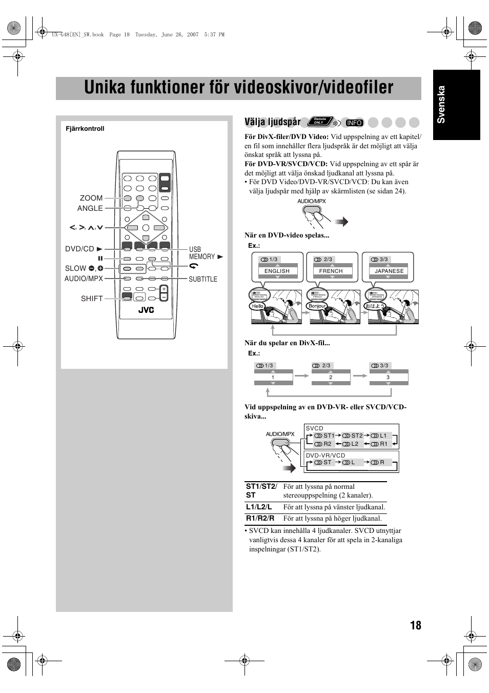 Unika funktioner för videoskivor/videofiler, Sv ensk a, Välja ljudspår | JVC Micro Component System UX-G48 User Manual | Page 25 / 208