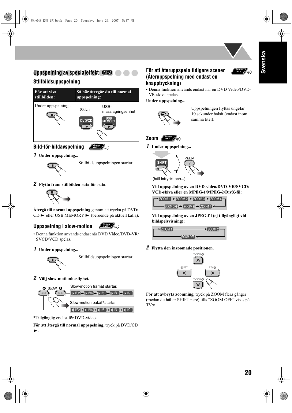 Sv ensk a uppspelning av specialeffekt, Stillbildsuppspelning bild-för-bildavspelning 1, Uppspelning i slow-motion | Zoom 1 | JVC Micro Component System UX-G48 User Manual | Page 27 / 208