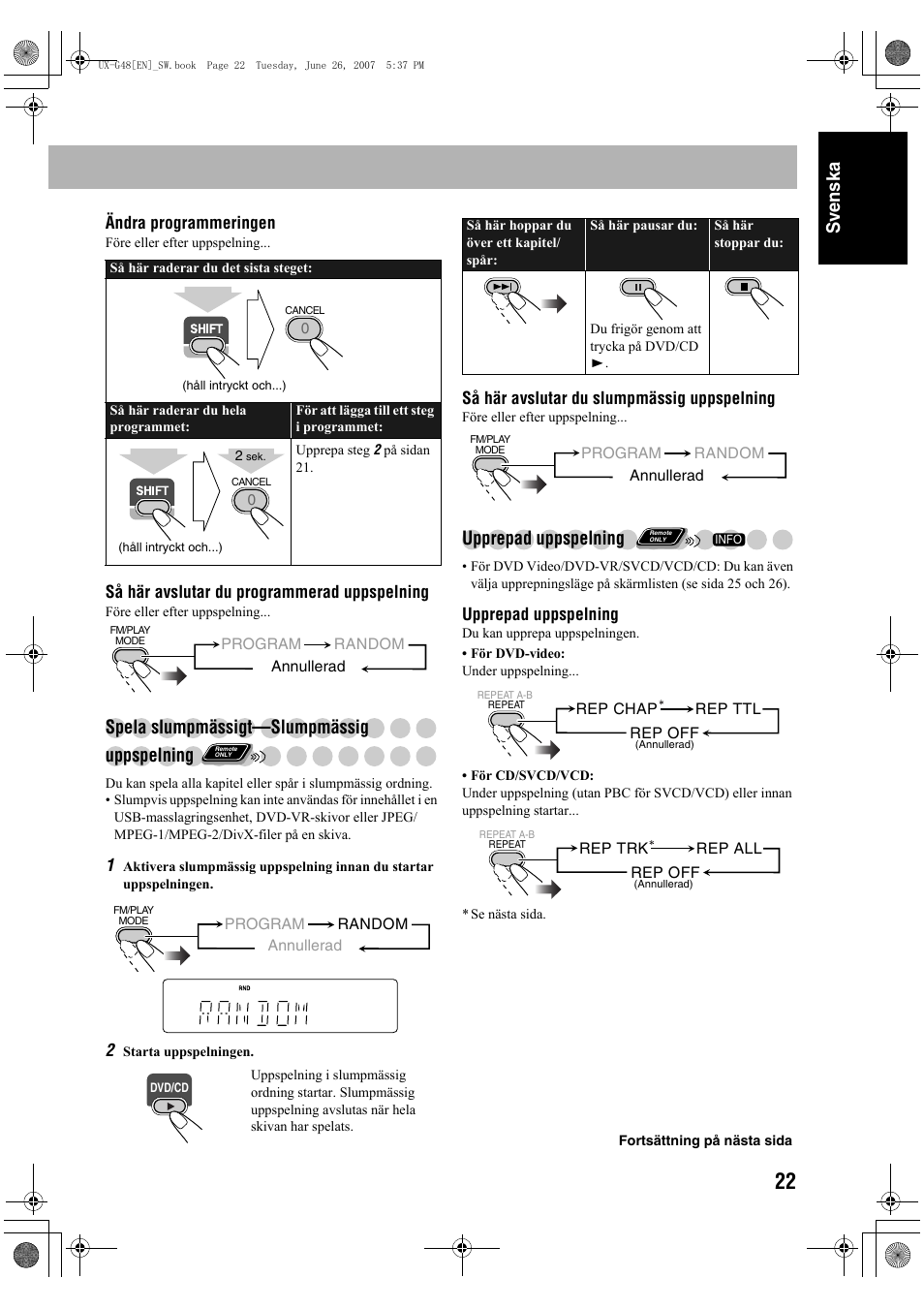 Sv ensk a, Spela slumpmässigt—slumpmässig uppspelning, Upprepad uppspelning | JVC Micro Component System UX-G48 User Manual | Page 29 / 208