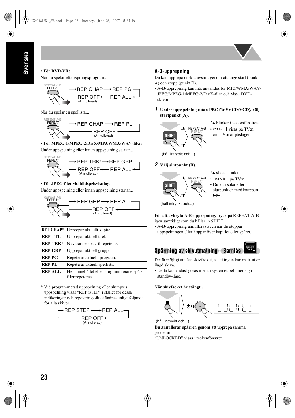 Sv ensk a, Spärrning av skivutmatning—barnlås | JVC Micro Component System UX-G48 User Manual | Page 30 / 208