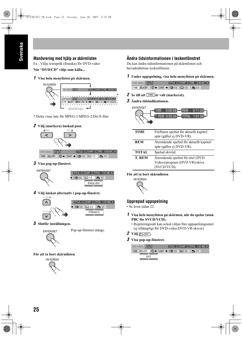 Sv ensk a, Manövrering med hjälp av skärmlisten, Ändra tidsinformationen i teckenfönstret | Upprepad uppspelning, Slocknar | JVC Micro Component System UX-G48 User Manual | Page 32 / 208