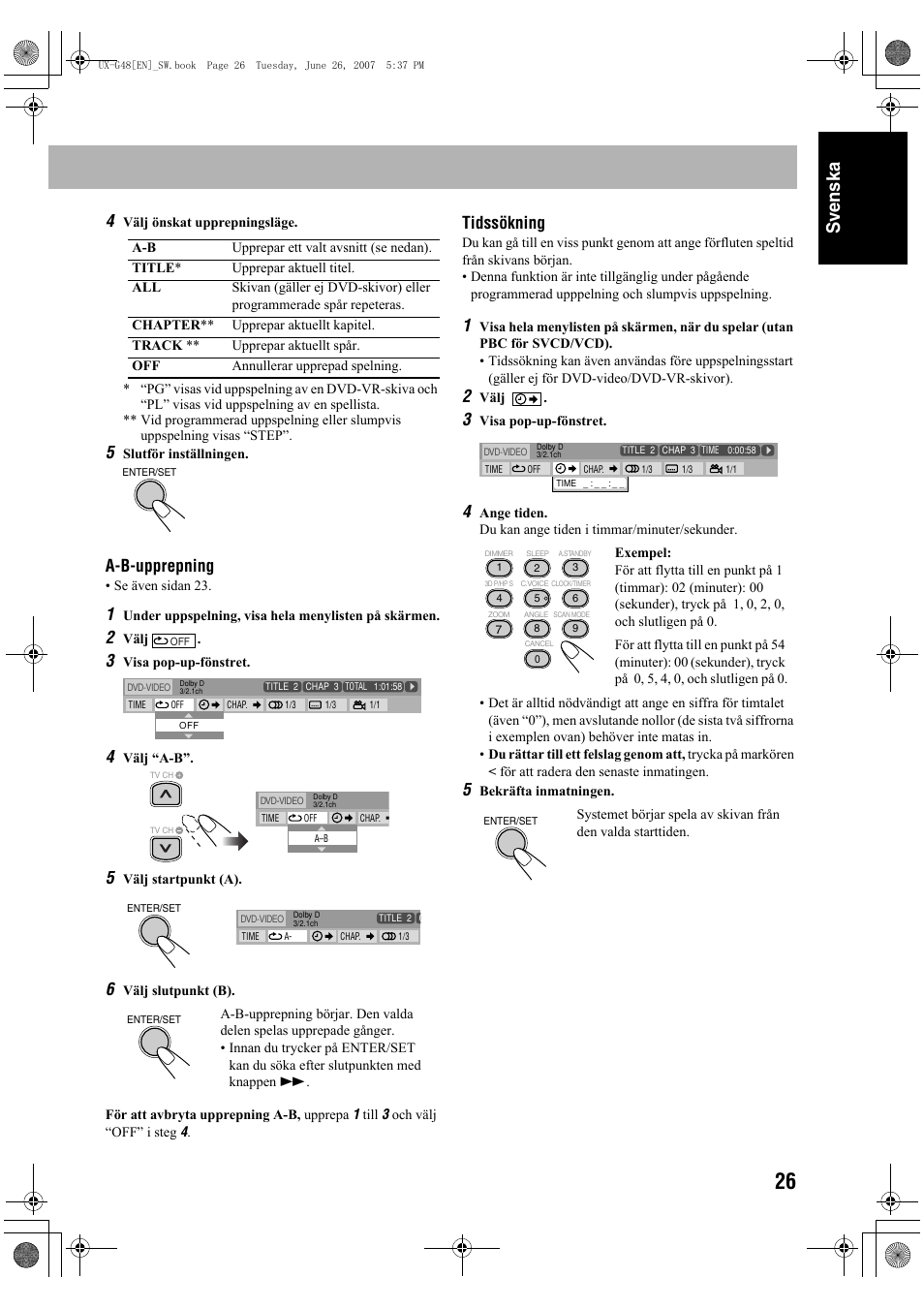 Sv ensk a, A-b-upprepning, Tidssökning | JVC Micro Component System UX-G48 User Manual | Page 33 / 208