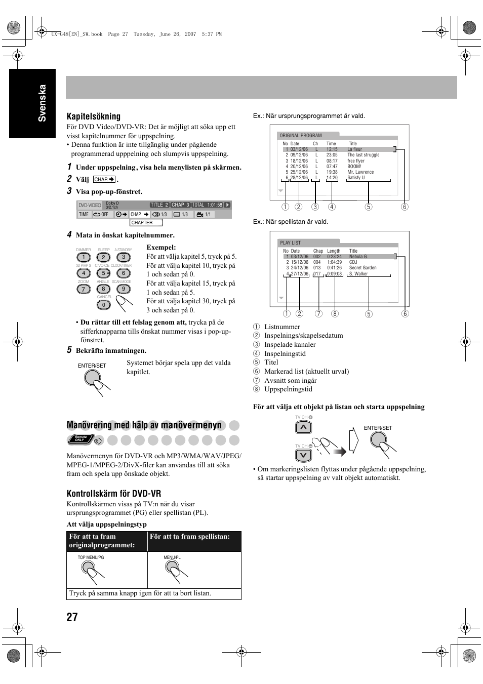 Sv ensk a, Manövrering med hälp av manövermenyn, Kapitelsökning | Kontrollskärm för dvd-vr | JVC Micro Component System UX-G48 User Manual | Page 34 / 208