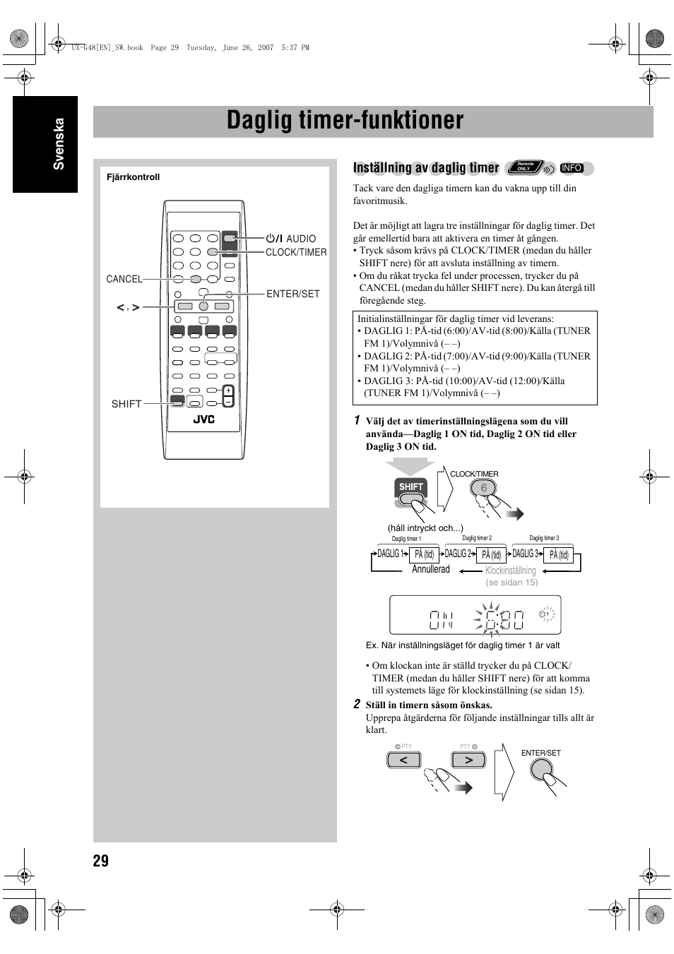 Daglig timer-funktioner, Sv ensk a, Inställning av daglig timer | JVC Micro Component System UX-G48 User Manual | Page 36 / 208