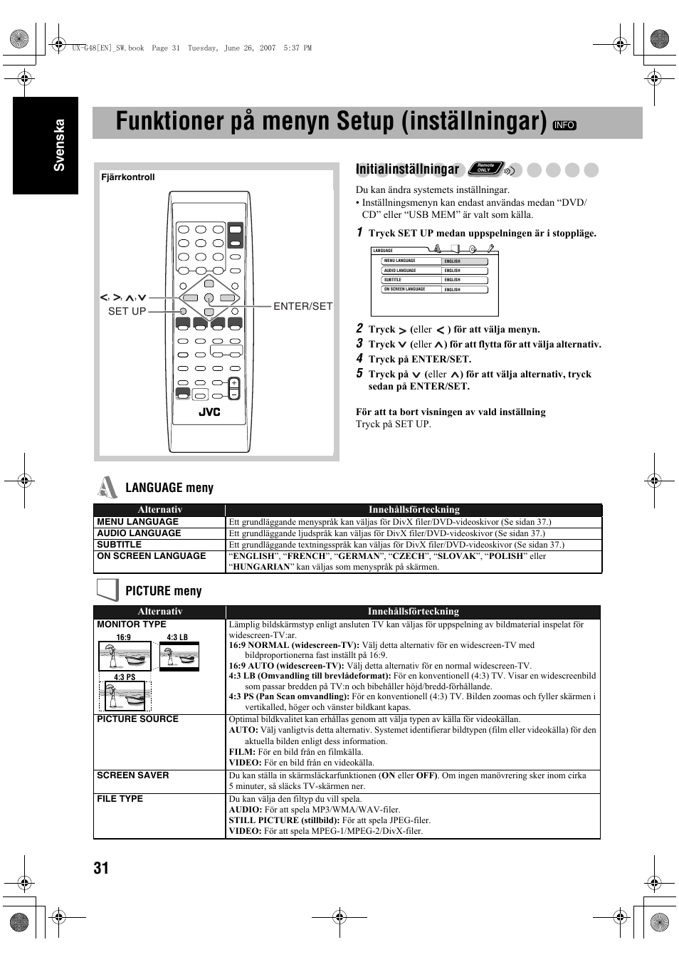 Funktioner på menyn setup (inställningar), Sv ensk a, Initialinställningar | Language meny picture meny | JVC Micro Component System UX-G48 User Manual | Page 38 / 208