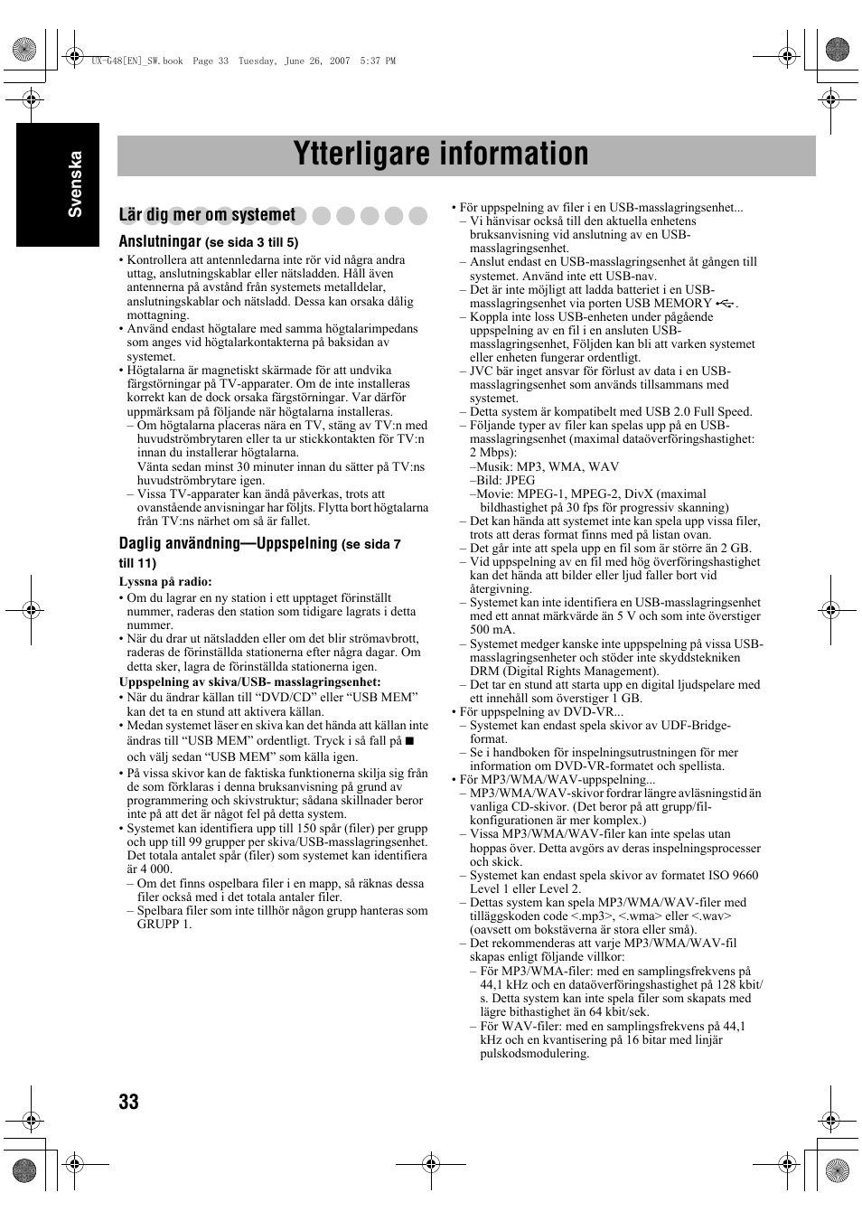 Ytterligare information, Sv ensk a, Lär dig mer om systemet | JVC Micro Component System UX-G48 User Manual | Page 40 / 208