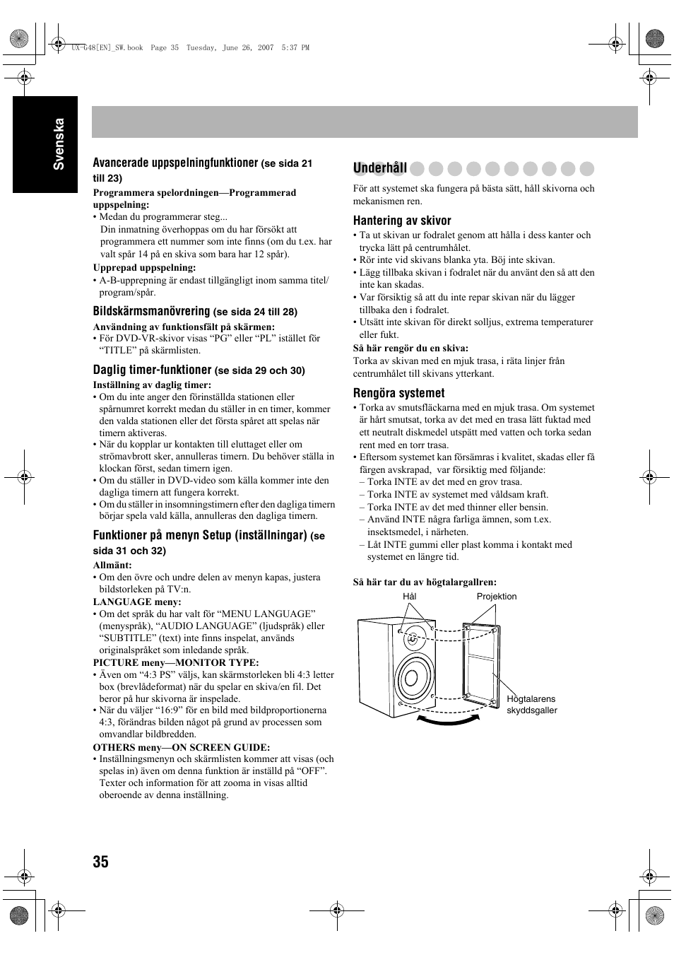 Sv ensk a, Underhåll | JVC Micro Component System UX-G48 User Manual | Page 42 / 208