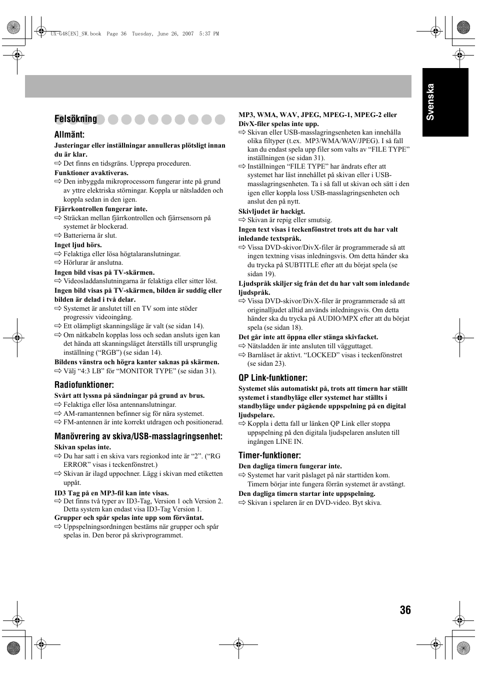 Sv ensk a felsökning | JVC Micro Component System UX-G48 User Manual | Page 43 / 208