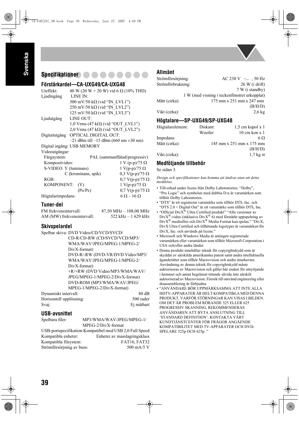 Sv ensk a specifikationer | JVC Micro Component System UX-G48 User Manual | Page 46 / 208