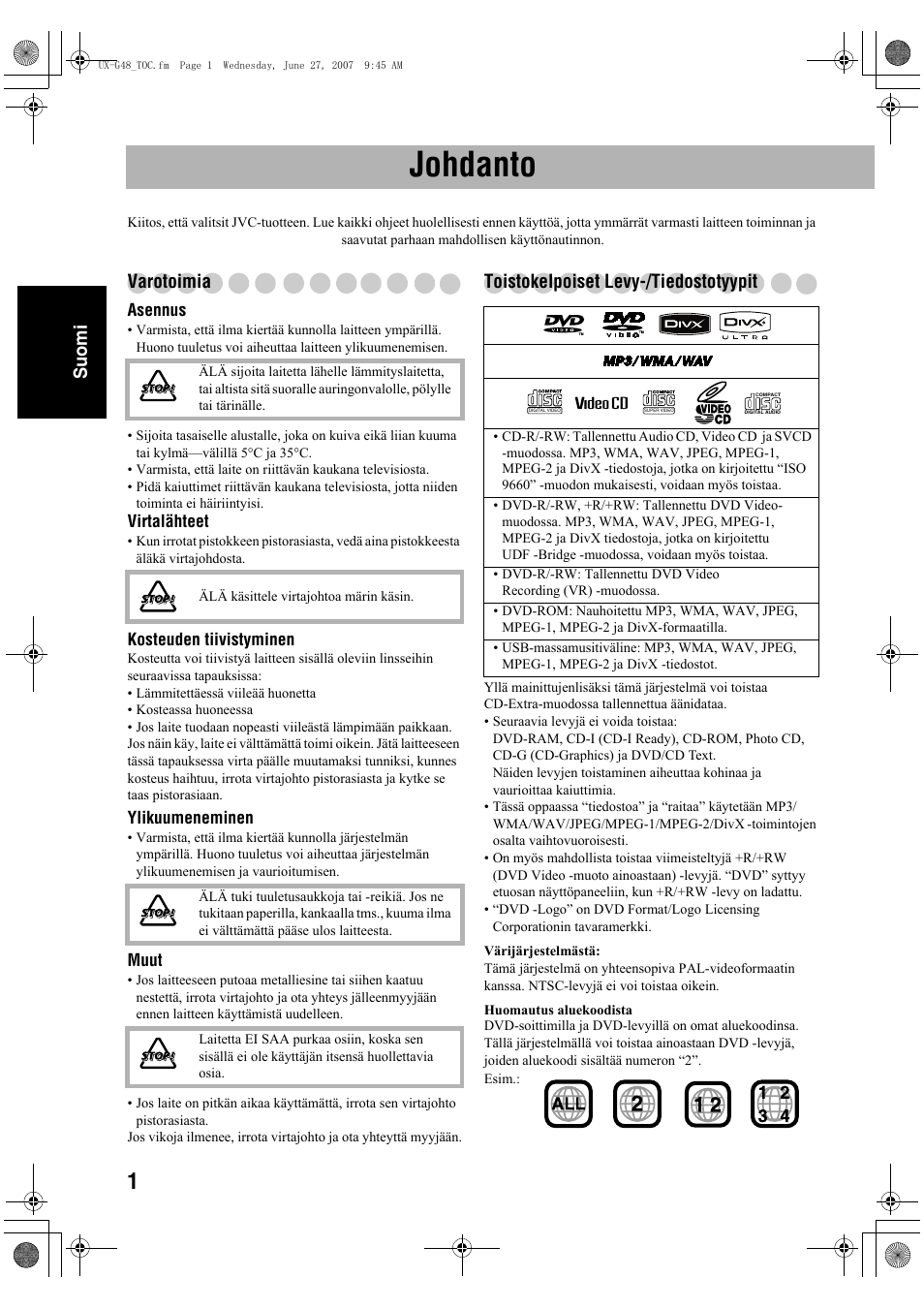 Johdanto, Suomi, Varotoimia | Toistokelpoiset levy-/tiedostotyypit | JVC Micro Component System UX-G48 User Manual | Page 48 / 208