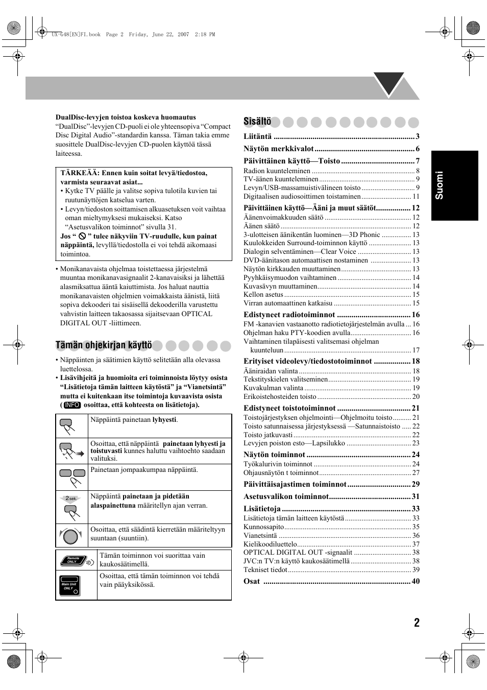 Suomi, Tämän ohjekirjan käyttö, Sisältö | JVC Micro Component System UX-G48 User Manual | Page 49 / 208