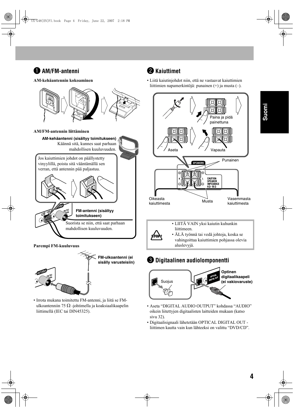 Suomi, Am/fm-antenni, Kaiuttimet | Digitaalinen audiolomponentti | JVC Micro Component System UX-G48 User Manual | Page 51 / 208