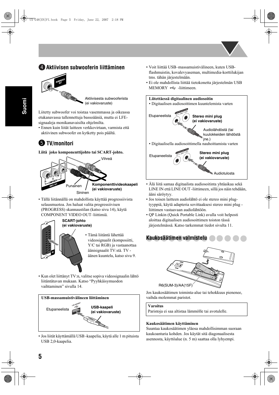 Suomi, Aktiivisen subwooferin liittäminen, Tv/monitori | Kaukosäätimen valmistelu | JVC Micro Component System UX-G48 User Manual | Page 52 / 208