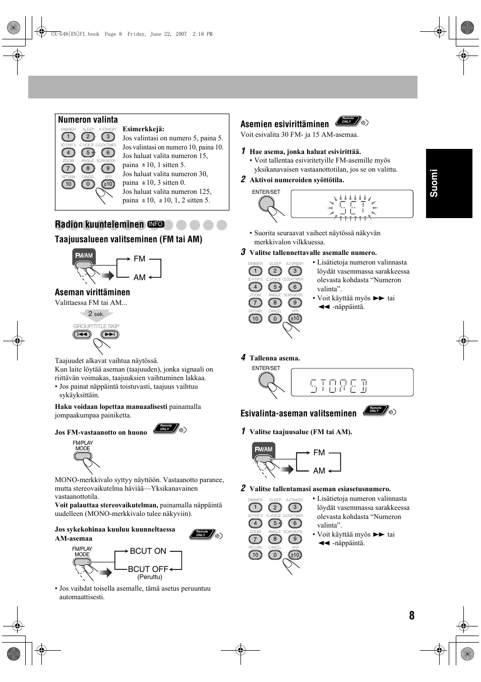 Suomi radion kuunteleminen, Asemien esivirittäminen, Esivalinta-aseman valitseminen 1 | Numeron valinta, Fm am, Bcut on bcut off | JVC Micro Component System UX-G48 User Manual | Page 55 / 208