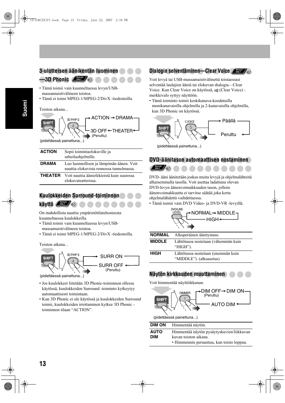 Suomi 3-ulotteisen äänikentän luominen —3d phonic, Kuulokkeiden surround-toiminnon käyttö, Dialogin selventäminen—clear voice | Dvd-äänitason automaattisen nostaminen, Näytön kirkkauden muuttaminen | JVC Micro Component System UX-G48 User Manual | Page 60 / 208