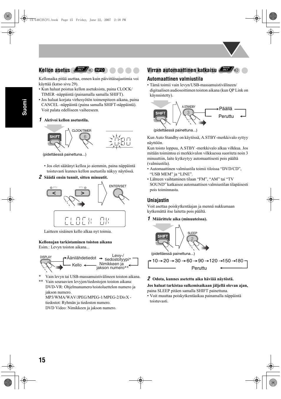 Suomi kellon asetus, Virran automaattinen katkaisu | JVC Micro Component System UX-G48 User Manual | Page 62 / 208