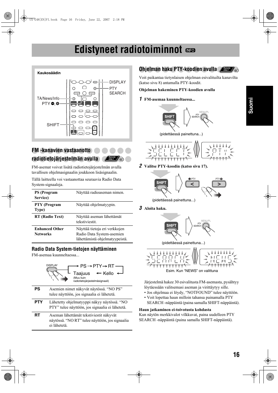 Edistyneet radiotoiminnot, Suomi, Ohjelman haku pty-koodien avulla | JVC Micro Component System UX-G48 User Manual | Page 63 / 208