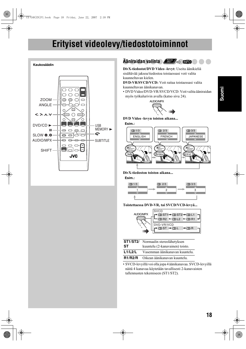 Erityiset videolevy/tiedostotoiminnot, Suomi, Ääniraidan valinta | JVC Micro Component System UX-G48 User Manual | Page 65 / 208