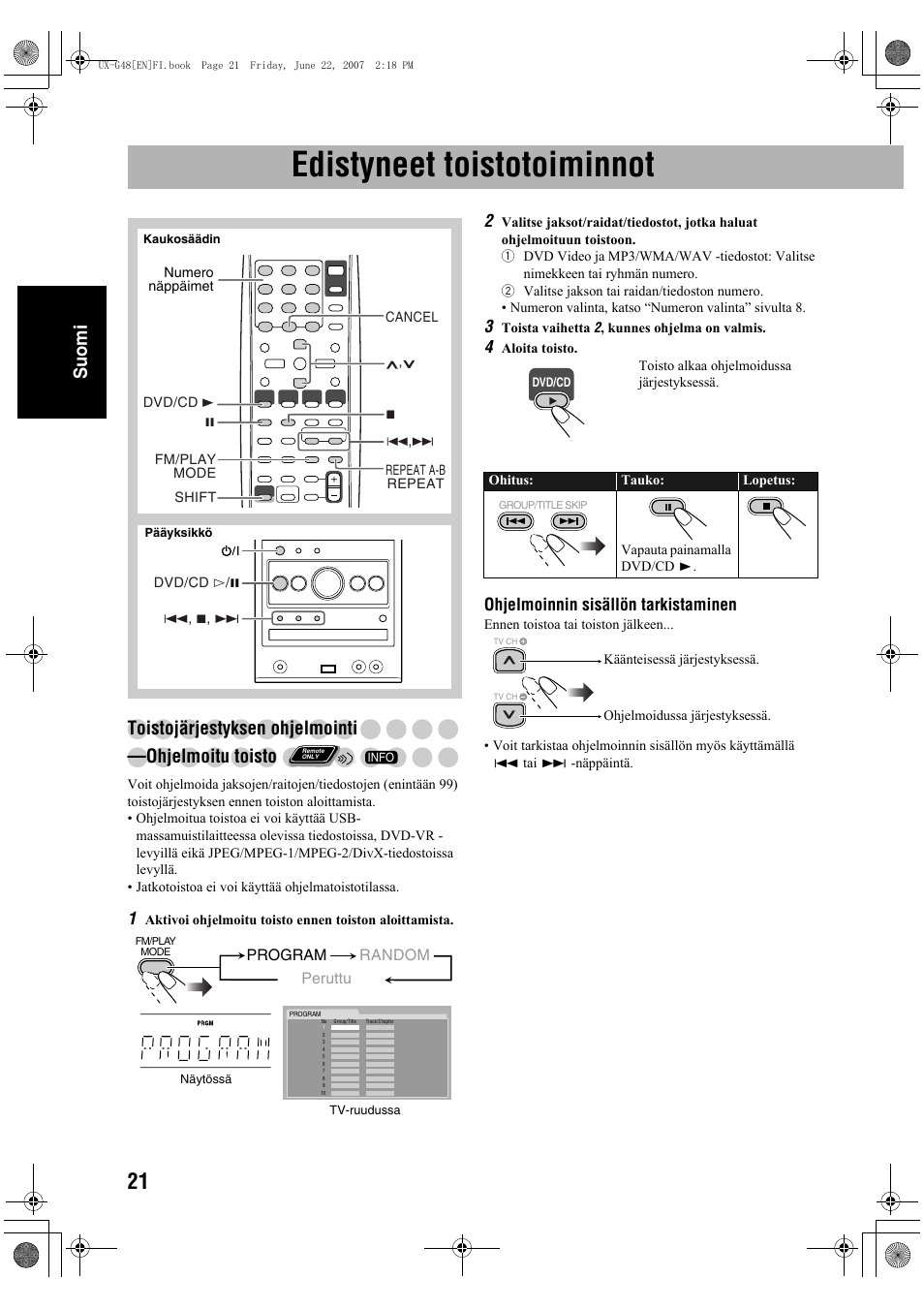 Edistyneet toistotoiminnot, Suomi, Toistojärjestyksen ohjelmointi —ohjelmoitu toisto | Ohjelmoinnin sisällön tarkistaminen | JVC Micro Component System UX-G48 User Manual | Page 68 / 208