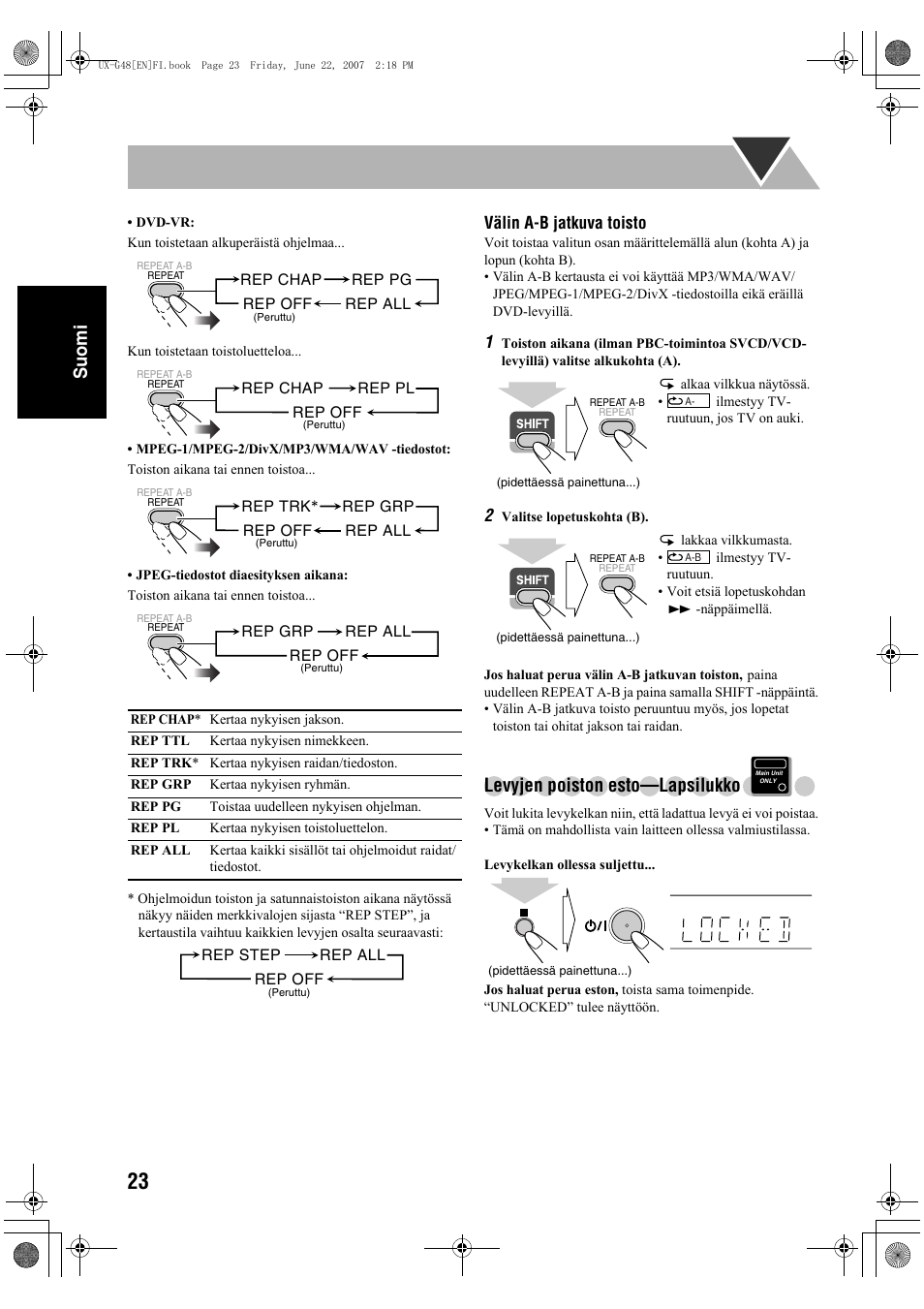 Suomi, Levyjen poiston esto—lapsilukko | JVC Micro Component System UX-G48 User Manual | Page 70 / 208