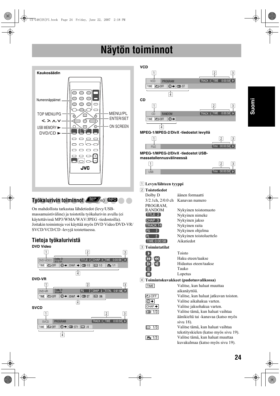 Näytön toiminnot, Suomi, Työkalurivin toiminnot | Tietoja työkalurivistä | JVC Micro Component System UX-G48 User Manual | Page 71 / 208