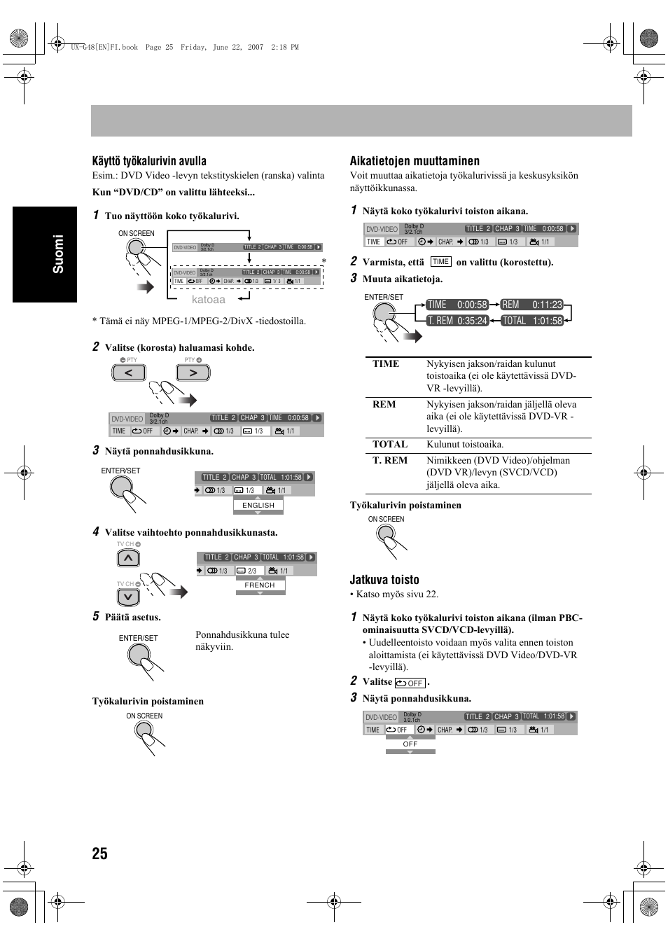 Suomi, Käyttö työkalurivin avulla, Aikatietojen muuttaminen | Jatkuva toisto, Katoaa | JVC Micro Component System UX-G48 User Manual | Page 72 / 208