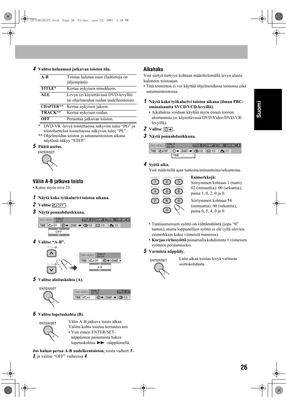 Suomi, Välin a-b jatkuva toisto, Aikahaku | JVC Micro Component System UX-G48 User Manual | Page 73 / 208