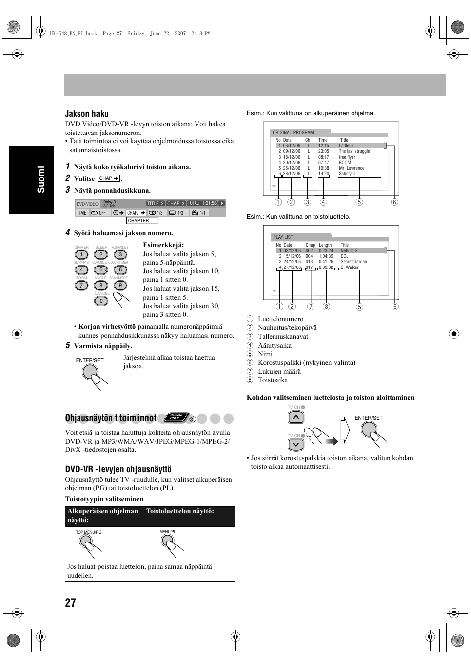 Suomi, Ohjausnäytön t toiminnot, Jakson haku | Dvd-vr -levyjen ohjausnäyttö | JVC Micro Component System UX-G48 User Manual | Page 74 / 208
