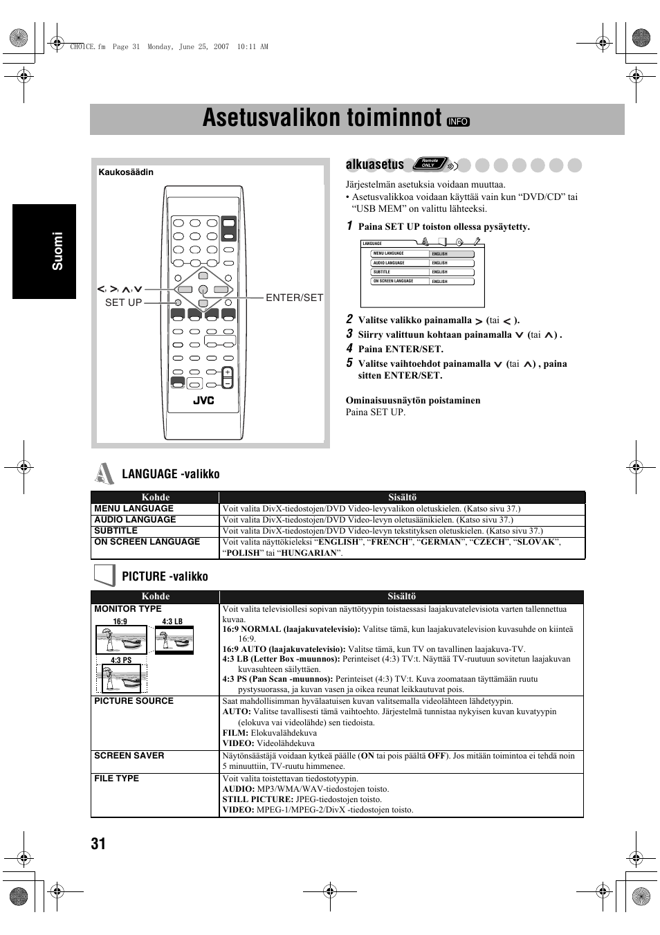 Asetusvalikon toiminnot, Suomi, Alkuasetus | Language -valikko picture -valikko | JVC Micro Component System UX-G48 User Manual | Page 78 / 208