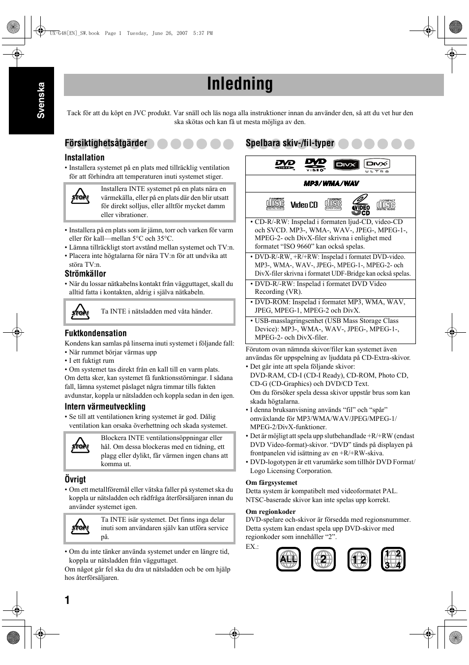 Inledning, Sv ensk a, Försiktighetsåtgärder | Spelbara skiv-/fil-typer | JVC Micro Component System UX-G48 User Manual | Page 8 / 208