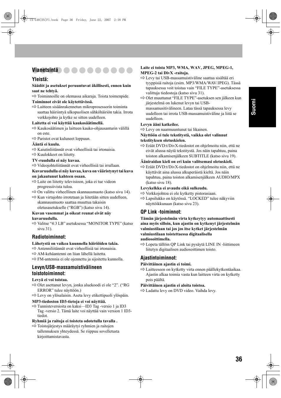 Suomisuomi vianetsintä | JVC Micro Component System UX-G48 User Manual | Page 83 / 208