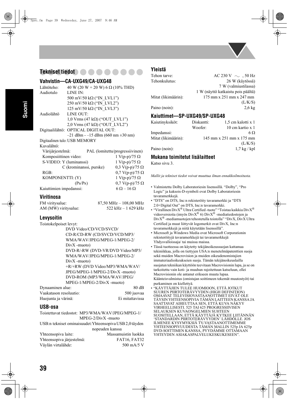 Suomi tekniset tiedot | JVC Micro Component System UX-G48 User Manual | Page 86 / 208