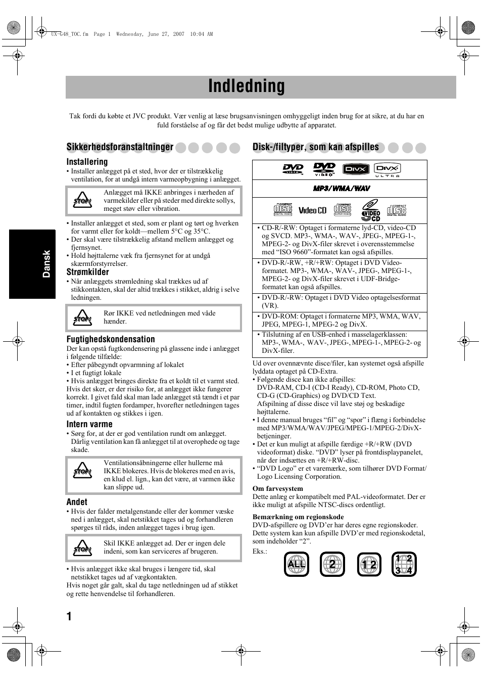 Indledning, Dansk, Sikkerhedsforanstaltninger | Disk-/filtyper, som kan afspilles | JVC Micro Component System UX-G48 User Manual | Page 88 / 208