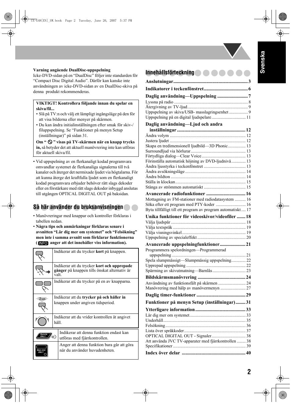 Sv ensk a, Så här använder du bruksanvisningen, Innehållsförteckning | JVC Micro Component System UX-G48 User Manual | Page 9 / 208